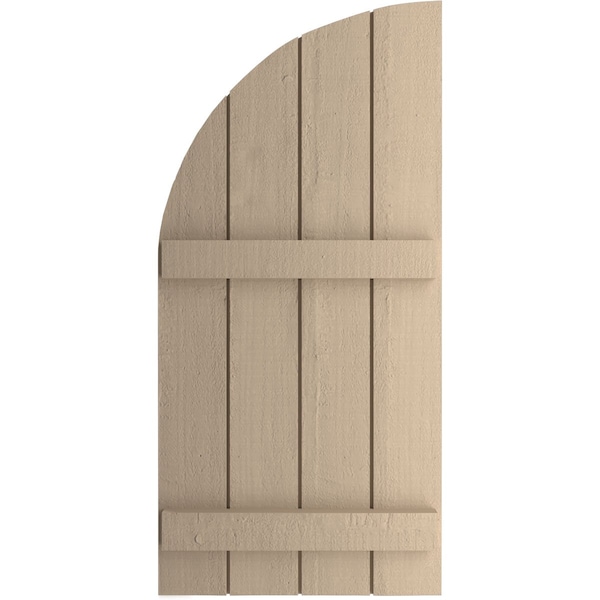 Rough Cedar 4 Board Joined Board-n-Batten W/Quarter Round Arch Top Faux Wood Shutters, 22W X 80H